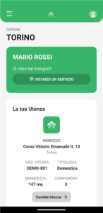 HOME - Riporta i dati dell’utente, del Comune selezionato, e il logo del Gestore del servizio di igiene urbana, personalizzabile in fase di attivazione dell’app.